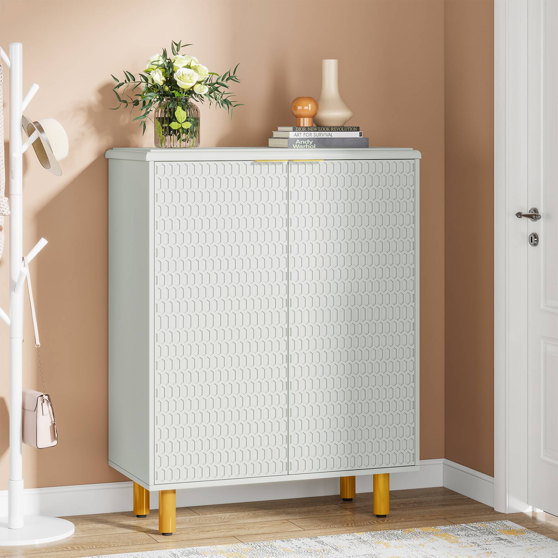 Tribesigns White MDF Shoe Cabinet with 3 Tiers and Adjustable