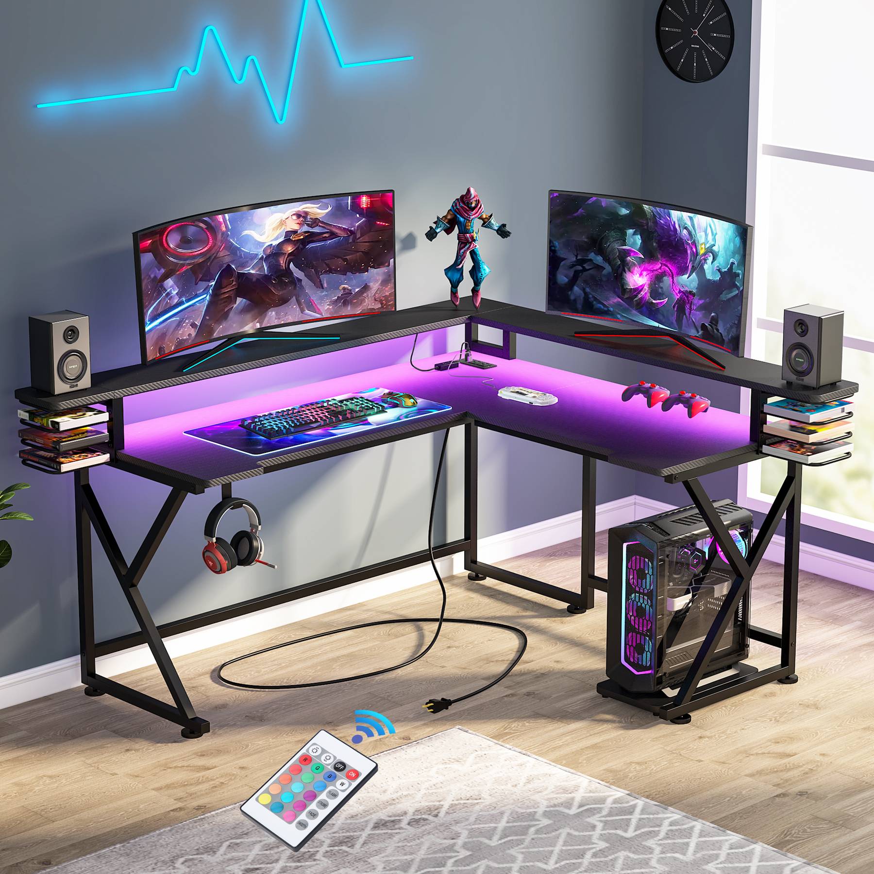Tribesigns L-Shaped Gaming Desk with RGB Light & Power Outlet