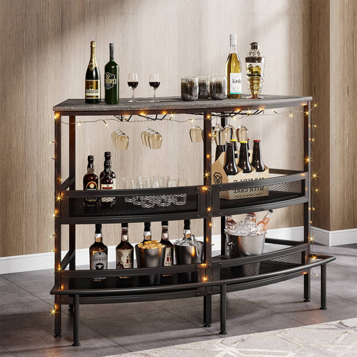 Bar Unit, 3 Tier Bar Counter with Storage Shelves and Stemware Holder Tribesigns