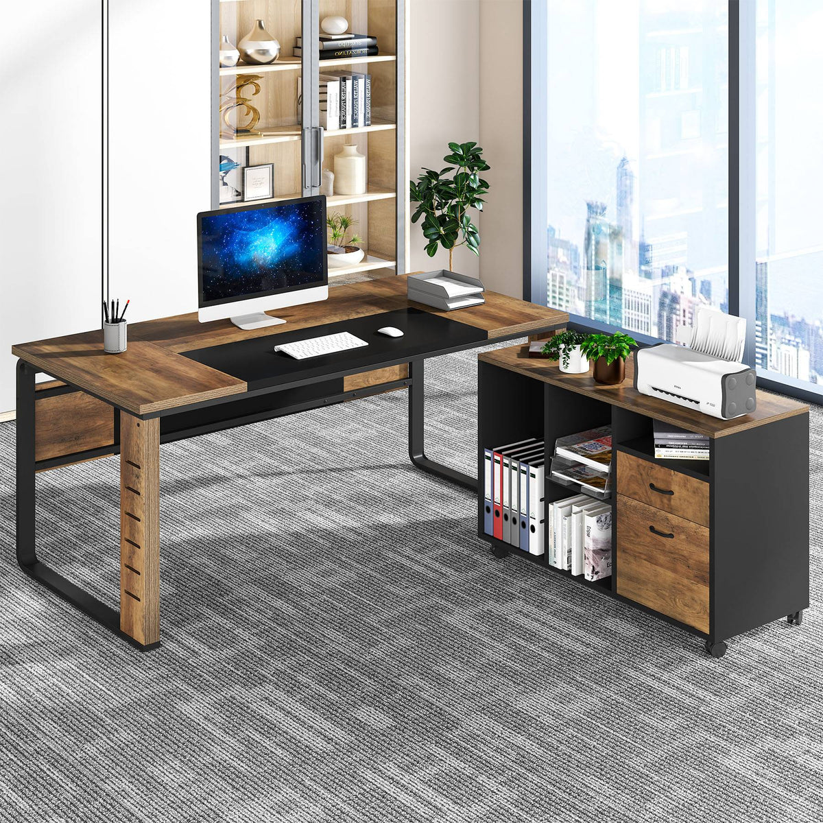 Tribesigns L-Shaped Executive Computer Desk with Lateral File Cabinet