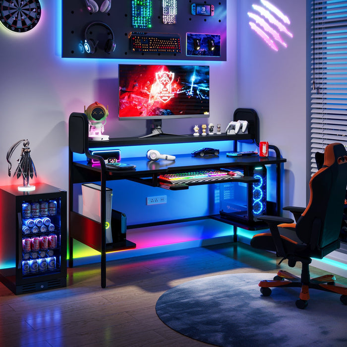 55" Computer Gaming Desk with LED Lights & Keyboard Tray Tribesigns