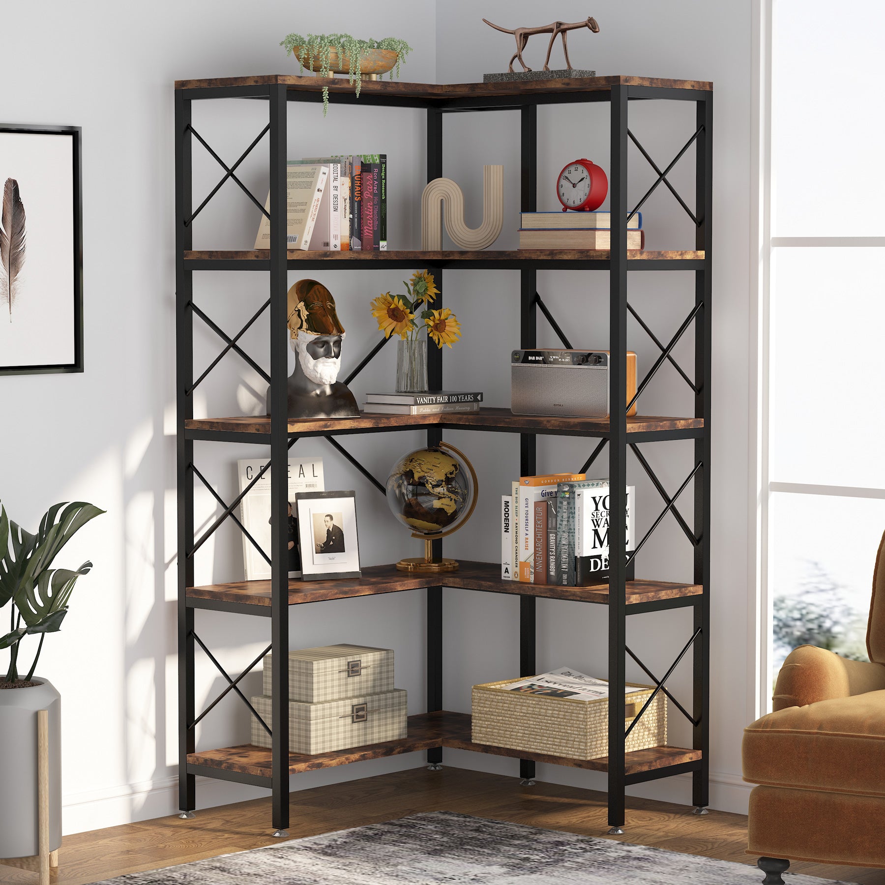 Tribesigns 5 Tier Corner Shelf, Narrow Tall Corner Bookshelf, Small Corner  Bookcase Free-Standing, Wood Shelving Unit Storage Rack Plant Stand for