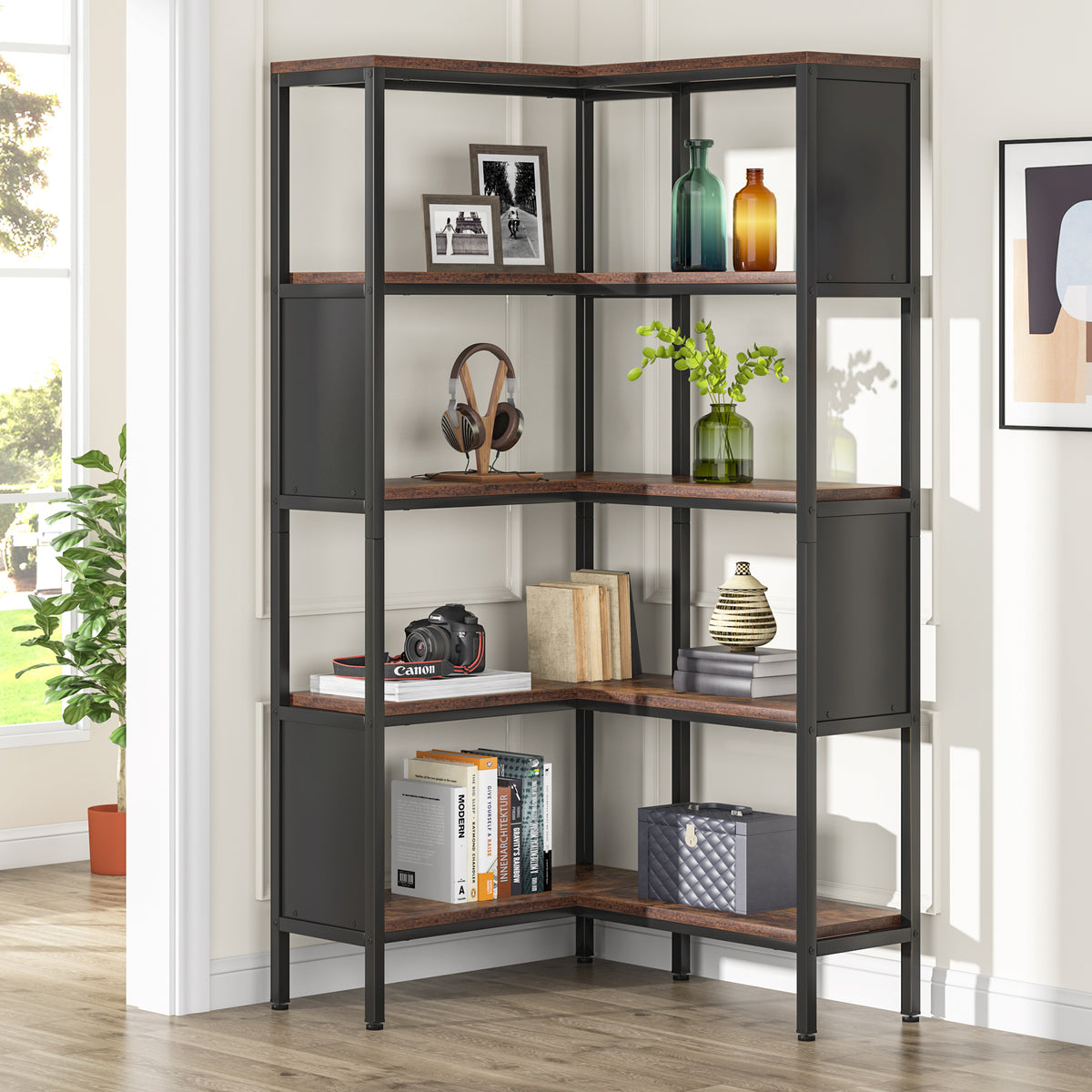 Tribesigns 7-Shelf Corner Bookshelf,Large Modern Corner Bookcase with Metal  Frame for Living Room Home Office