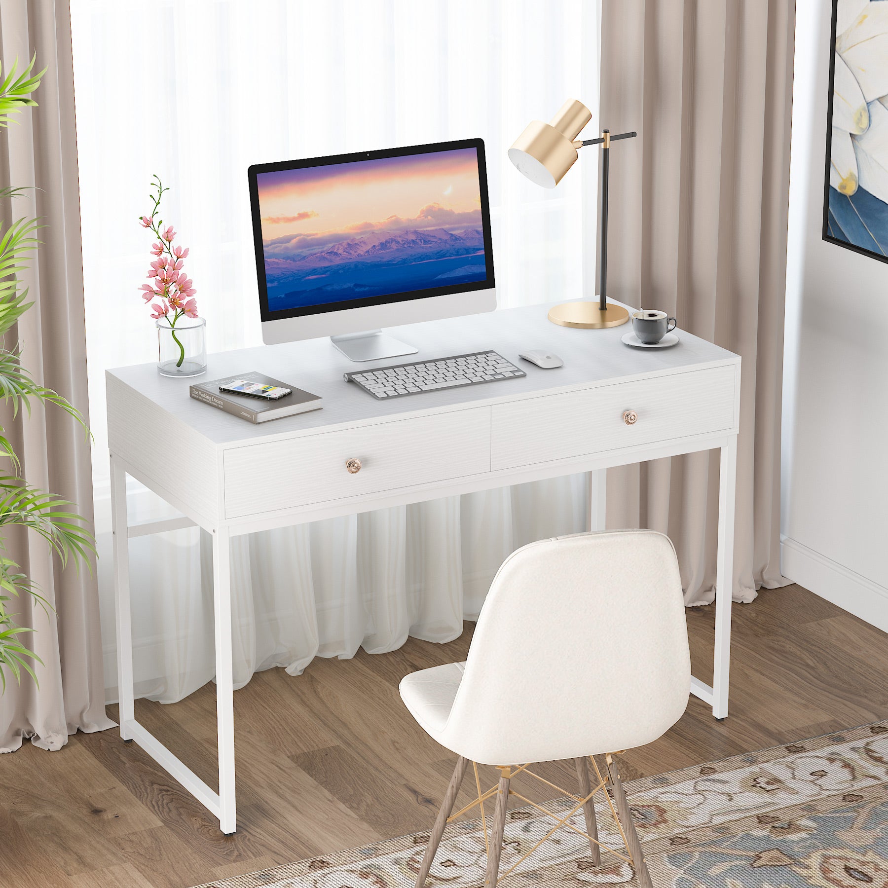 Tribesigns White Desk with Drawers & Metal Legs, Modern Vanity