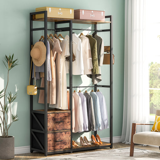 Freestanding Closet Organizer With 2 Drawers And Storage Shelves