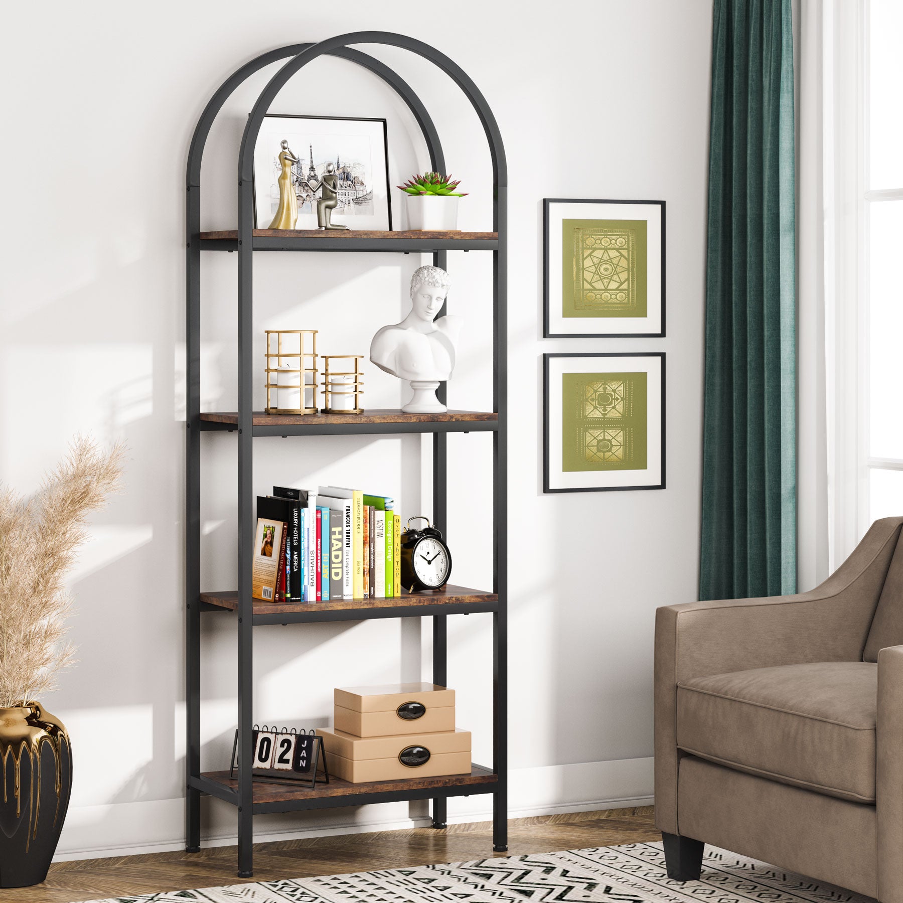 Home Office 4-Tier Bookshelf, Simple Industrial Bookcase Standing Shelf  Unit Storage Organizer with 4 Open