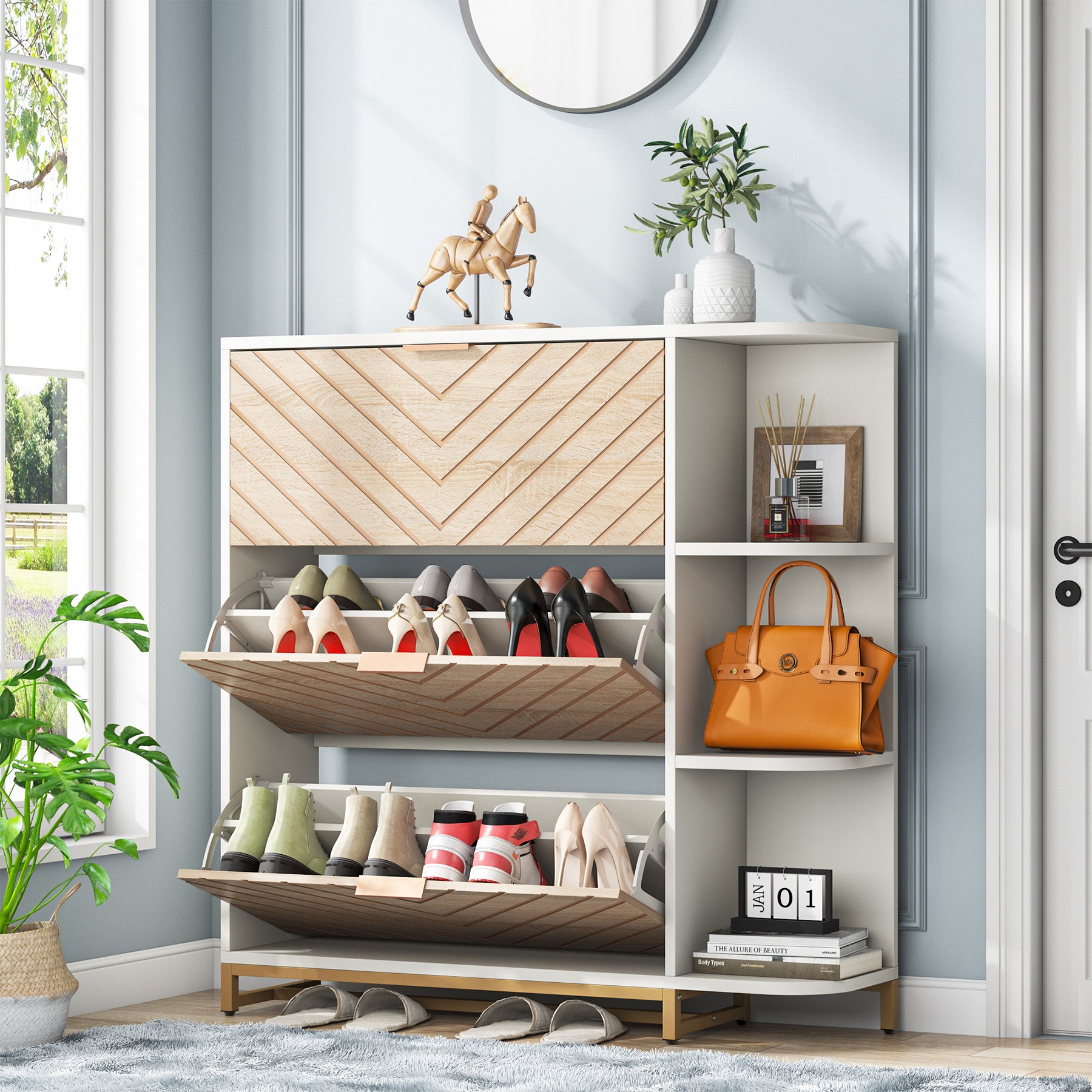 Modern Shoe Cabinet Gray & Black Shoe Organizer with Doors Shelves