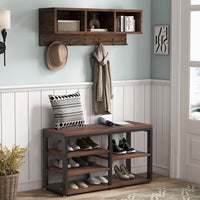 Hallway view of Tribesigns's 5 IN 1 Coat Rack Shoe Bench Set, Hall Tree with Wall Mounted Shelf.