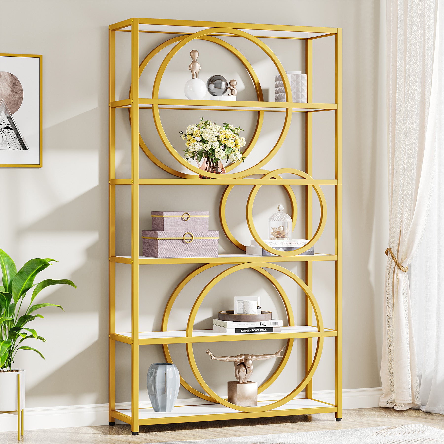 Tribesigns 5-Shelf Gold Etagere Bookcase, Modern Metal Open Arched  Bookshelf, 72 Inches Tall Gold Shelves for Living Room, Bedroom(1,  White+Gold)