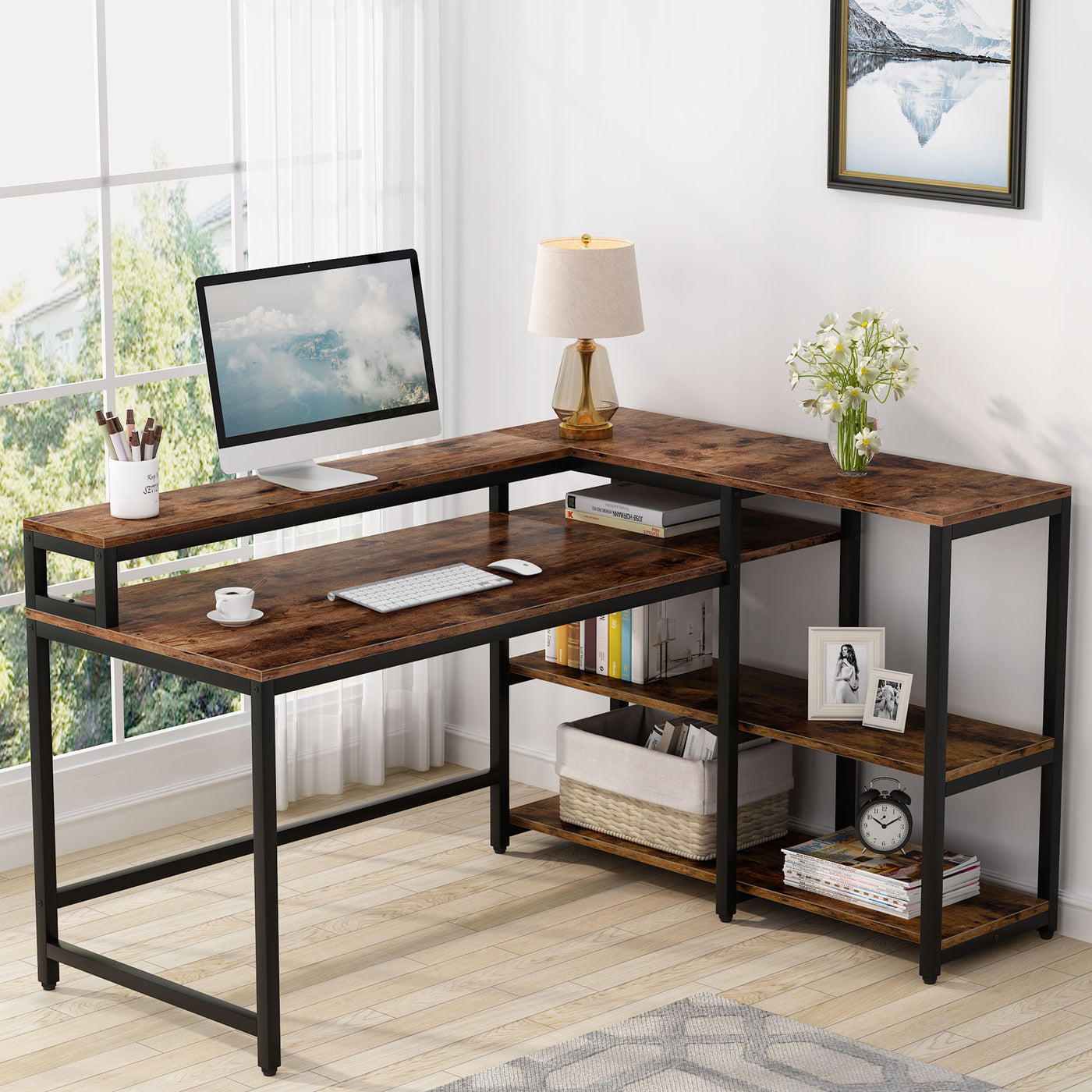 Tribesigns 55'' Reversible L Shaped Computer Desk with Storage Shelves