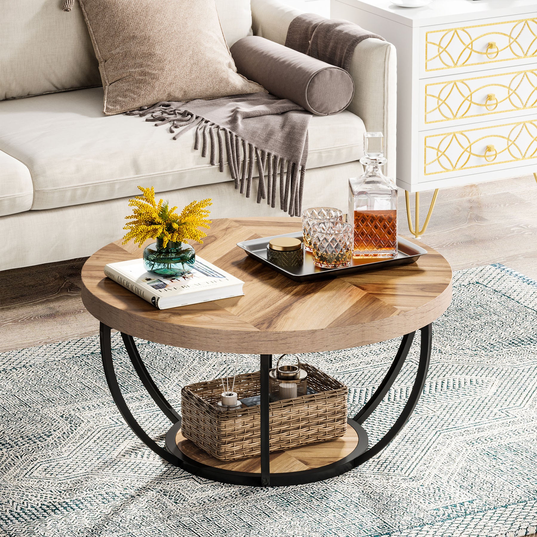 Tribesigns Coffee Table, 2-Tier Wooden Round Central Cocktail Table