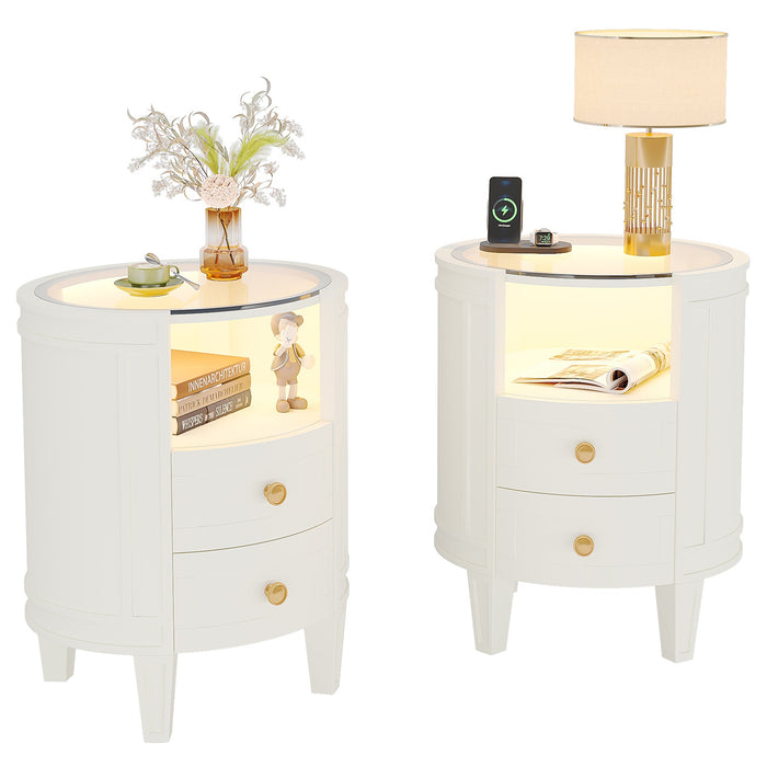 2-Drawer Nightstand with LED Light, Modern Side Table with Glass Tabletop Tribesigns