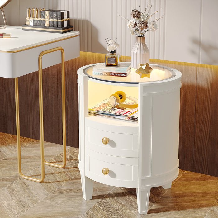 2-Drawer Nightstand with LED Light, Modern Side Table with Glass Tabletop Tribesigns