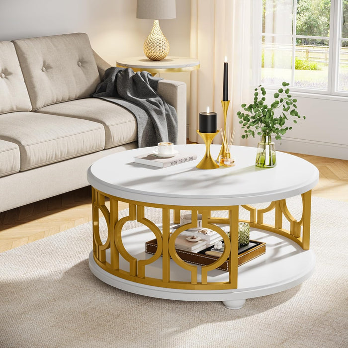 2-Tier Coffee Table, 31.5" Round Center Table with Metal Frame Tribesigns