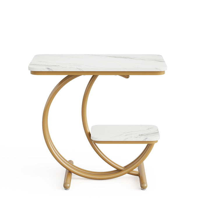 2-Tier End Table, Faux Marble Side Table with C-Shaped Metal Legs Tribesigns