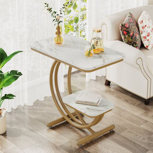 2-Tier End Table, Faux Marble Side Table with C-Shaped Metal Legs Tribesigns