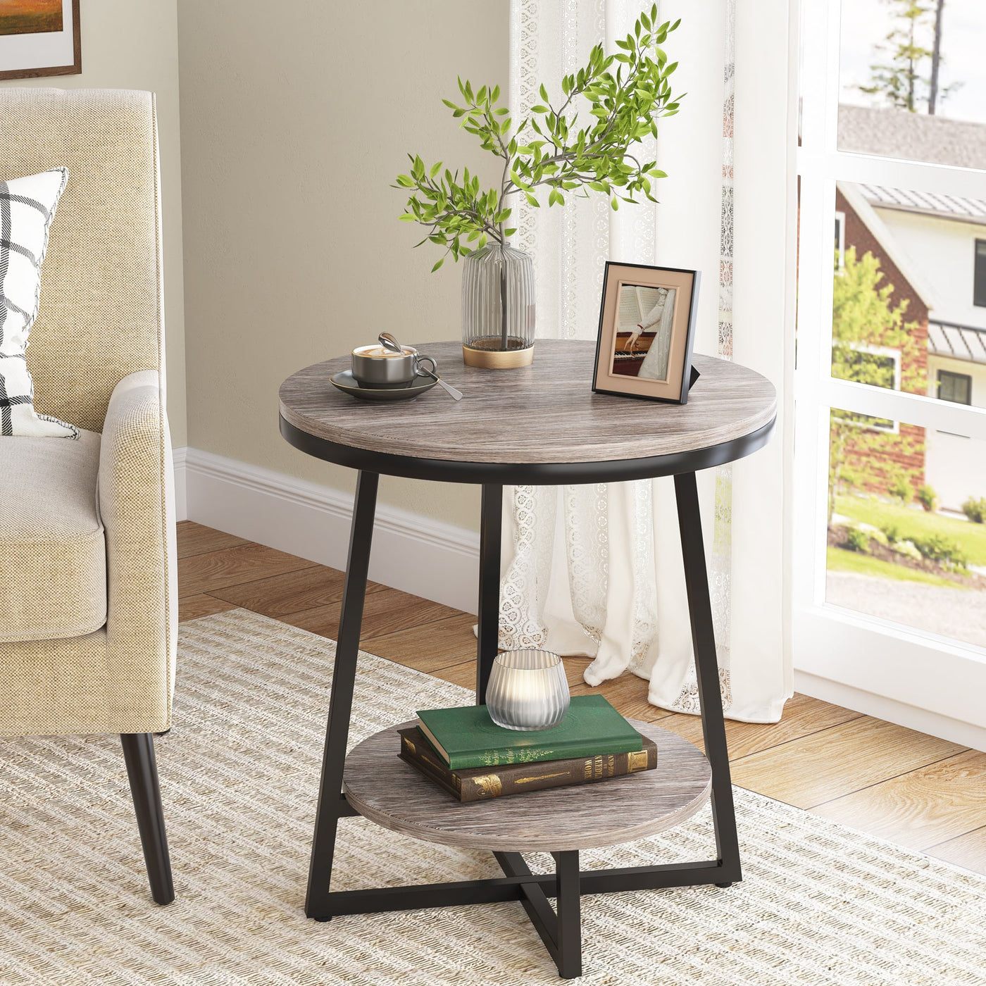 Tribesigns End Table, 2 Tier Round Nightstand Bedside Table