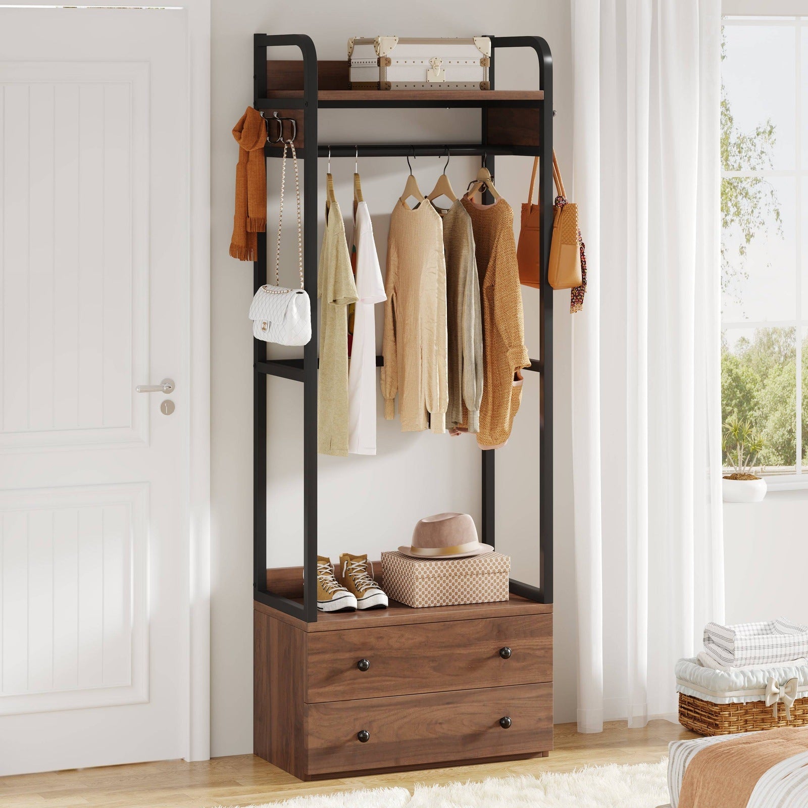 Free Standing Closet Organizer, Entryway Bench with Coat Rack freestanding,  Metal Garment Rack with 5 Hooks Shelves for Hanging Clothes and Storage,  Open Wardrobe Rack for Bedroom Living Room Entryway-Black