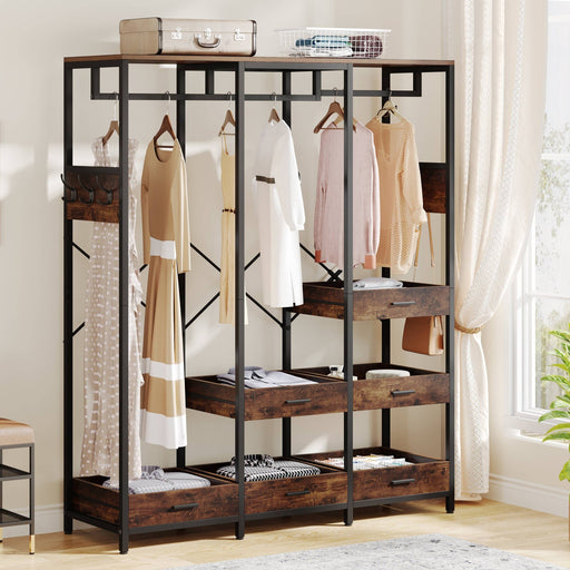 Freestanding Closet Organizer, Large Garment Rack with 6 Open Drawers Tribesigns