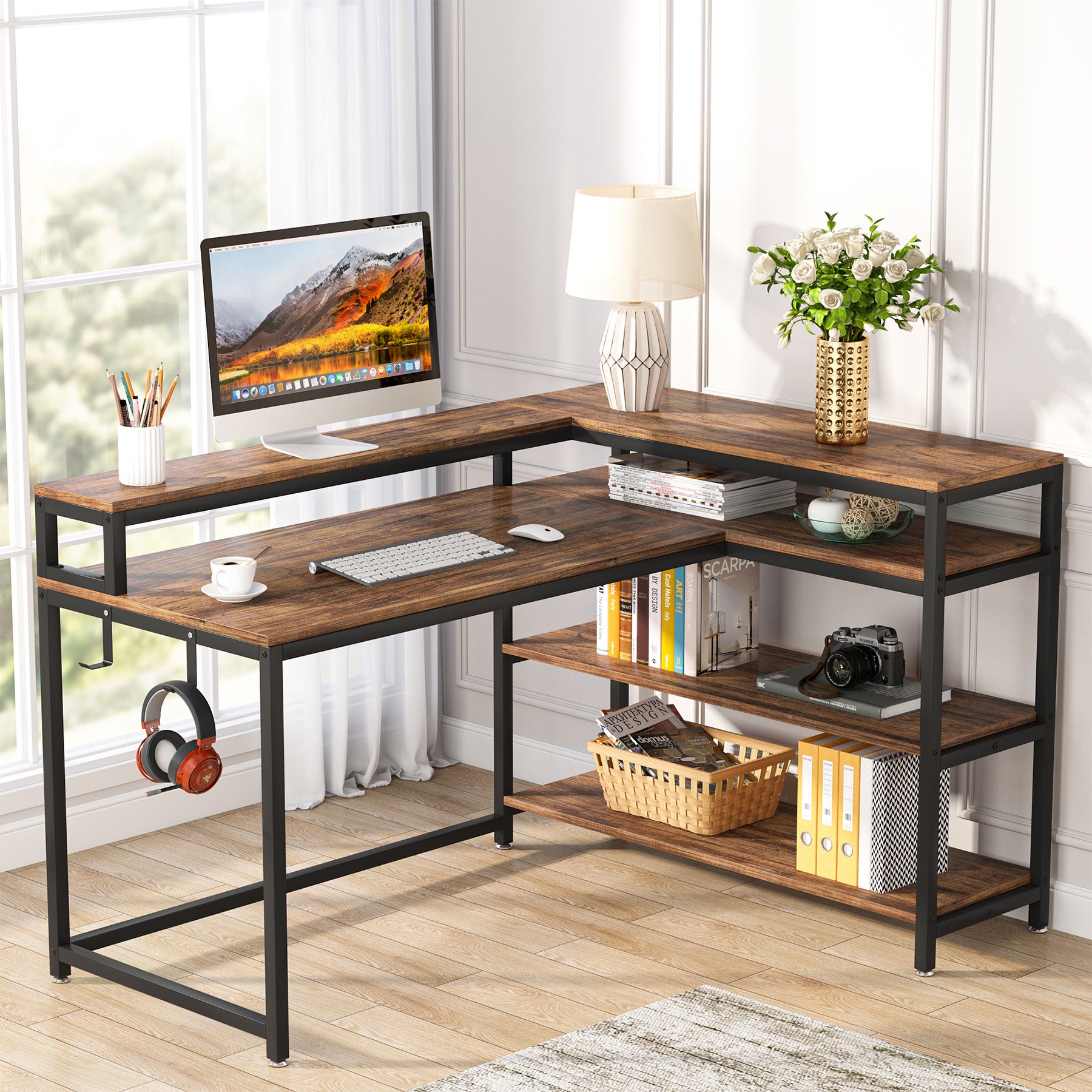 69 Inch L Shaped Desk with Storage Shelf