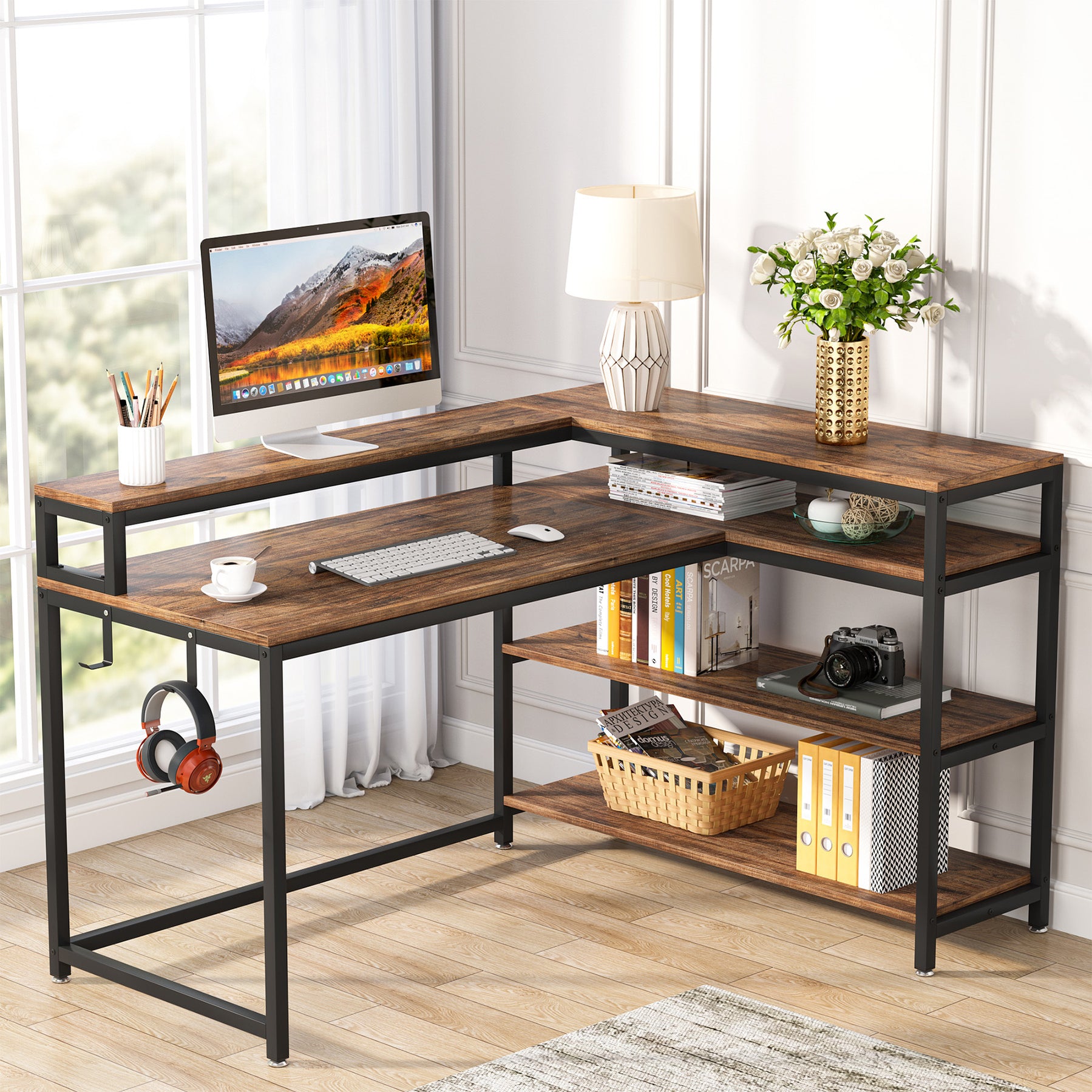 Tribesigns L-Shaped Desk, 53'' Reversible Corner Desk with Shelves