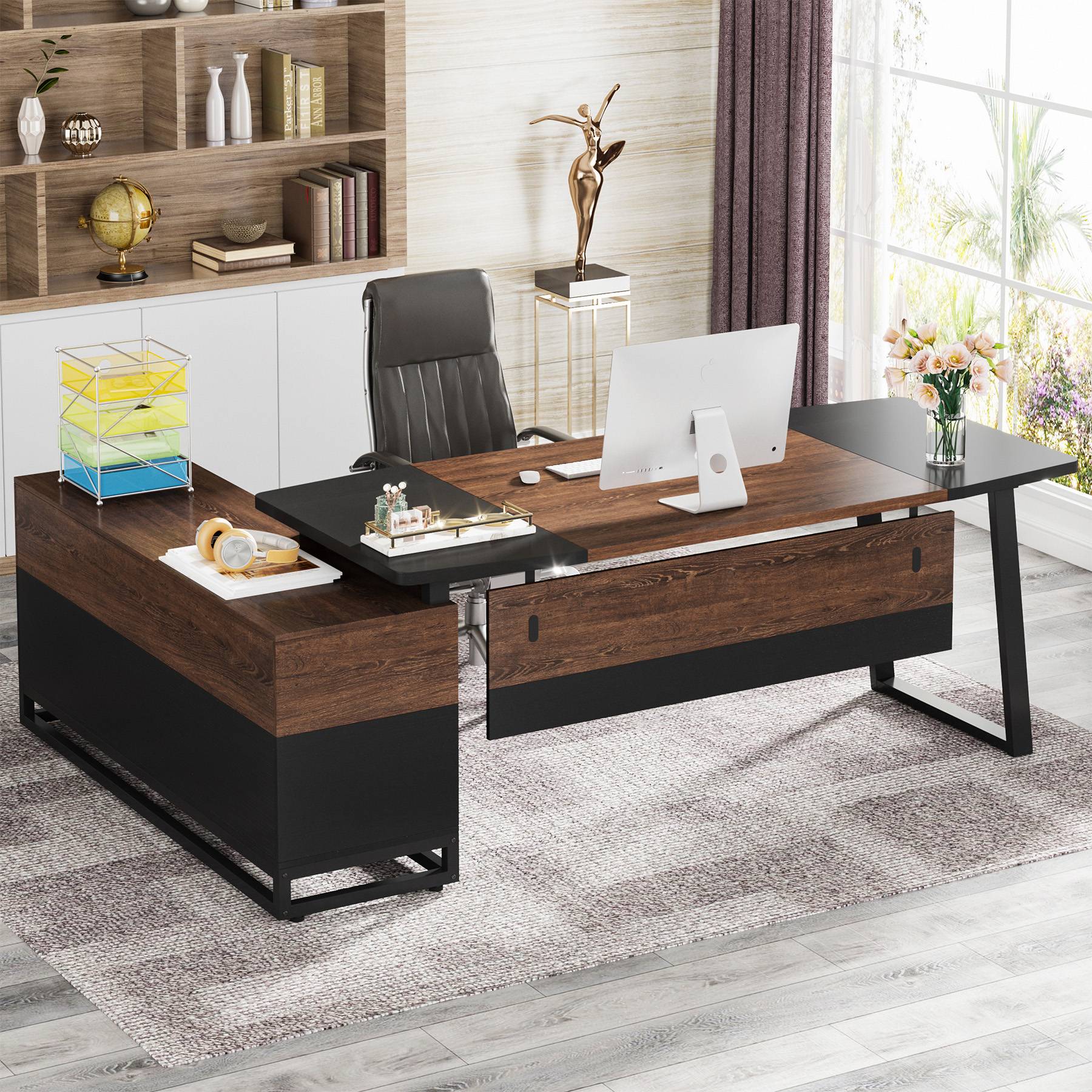 Tribesigns 70.8 Large Executive Office Desk with Lateral File Cabinet, L  Shaped Computer Desk with Drawers and Storage, Home Office Furniture Sets