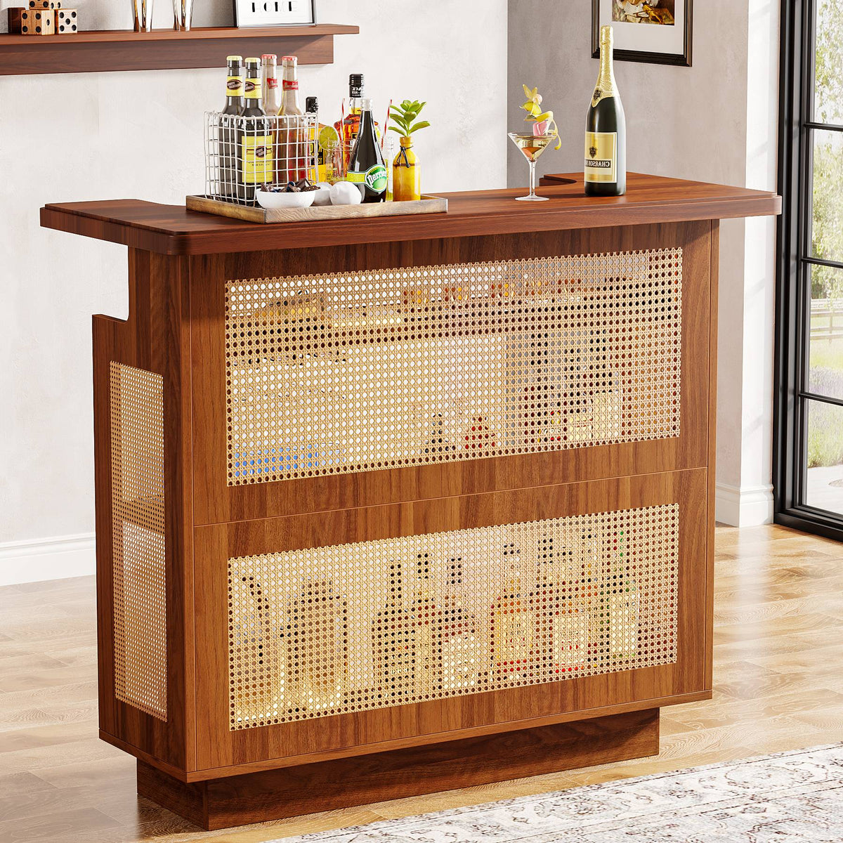 Tribesigns 4-Tier Rattan Home Bar Unit Bar Cabinet with Stemware