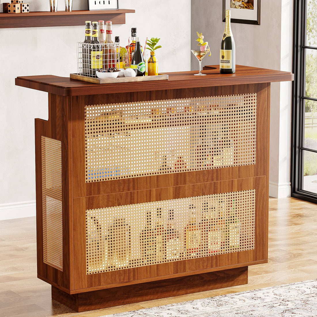 Rattan Bar Cabinet, 4-Tier Liquor Bar Cabinet with Stemware Racks ...