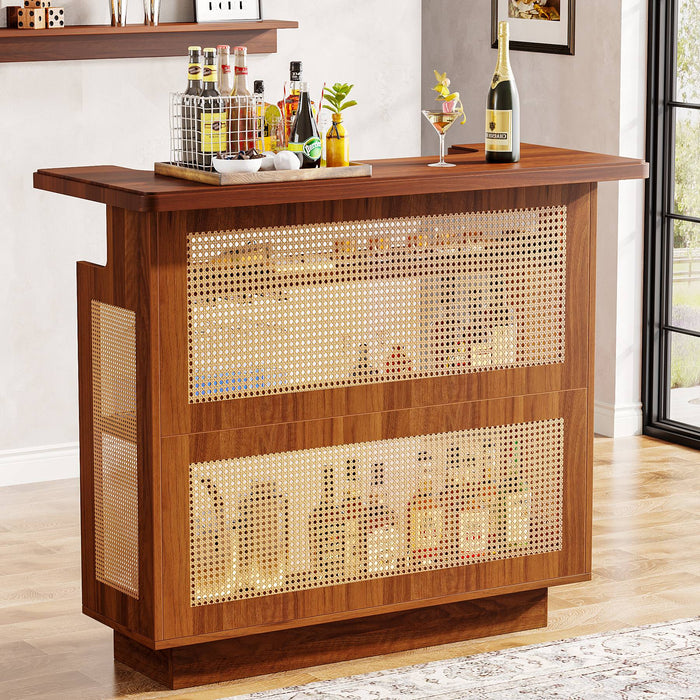 Bar Unit, 4-Tier Rattan Liquor Wine Bar Cabinet with Stemware Racks Tribesigns
