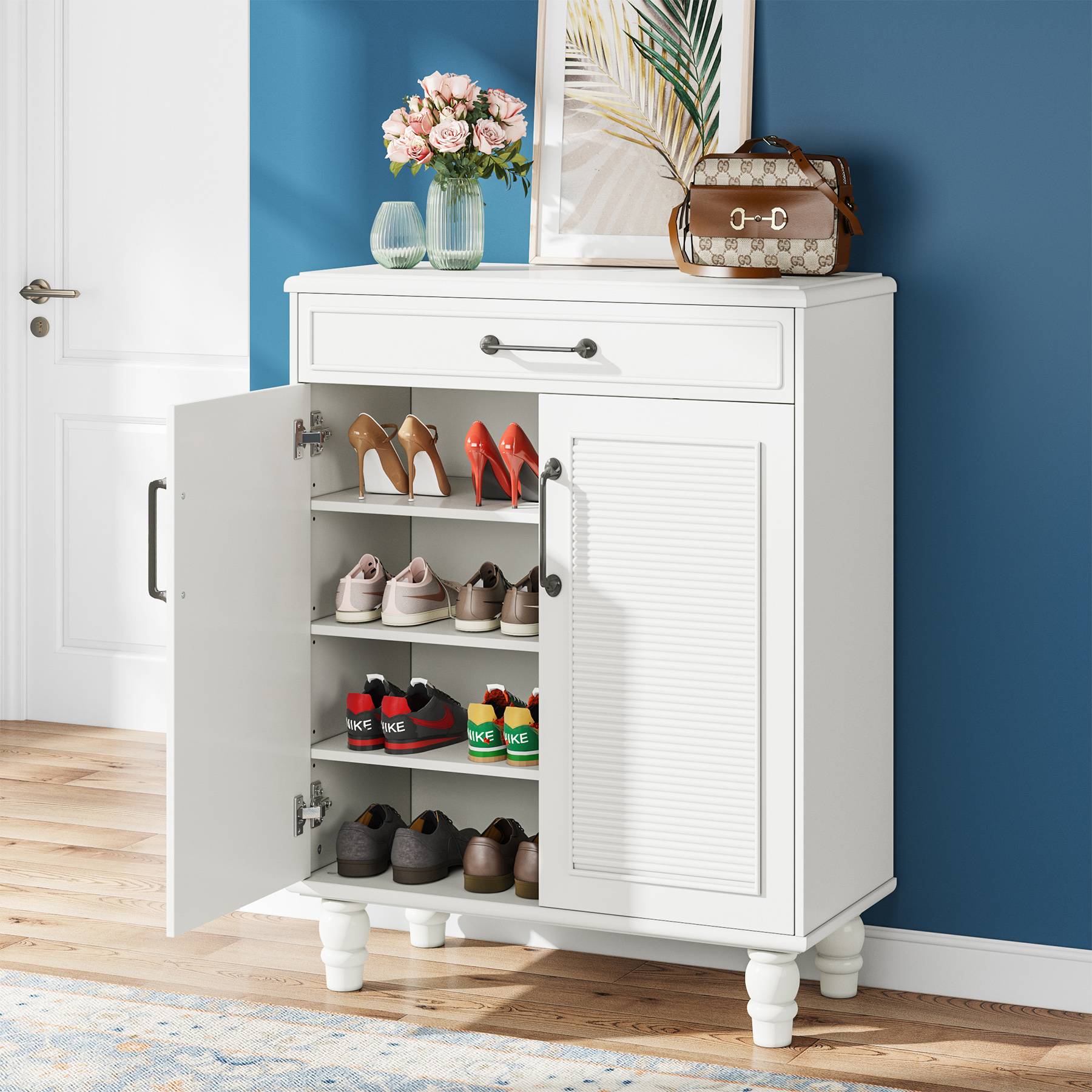 Tribesigns Slim Shoe Cabinet with Adjustable Shelves and Open Shelf