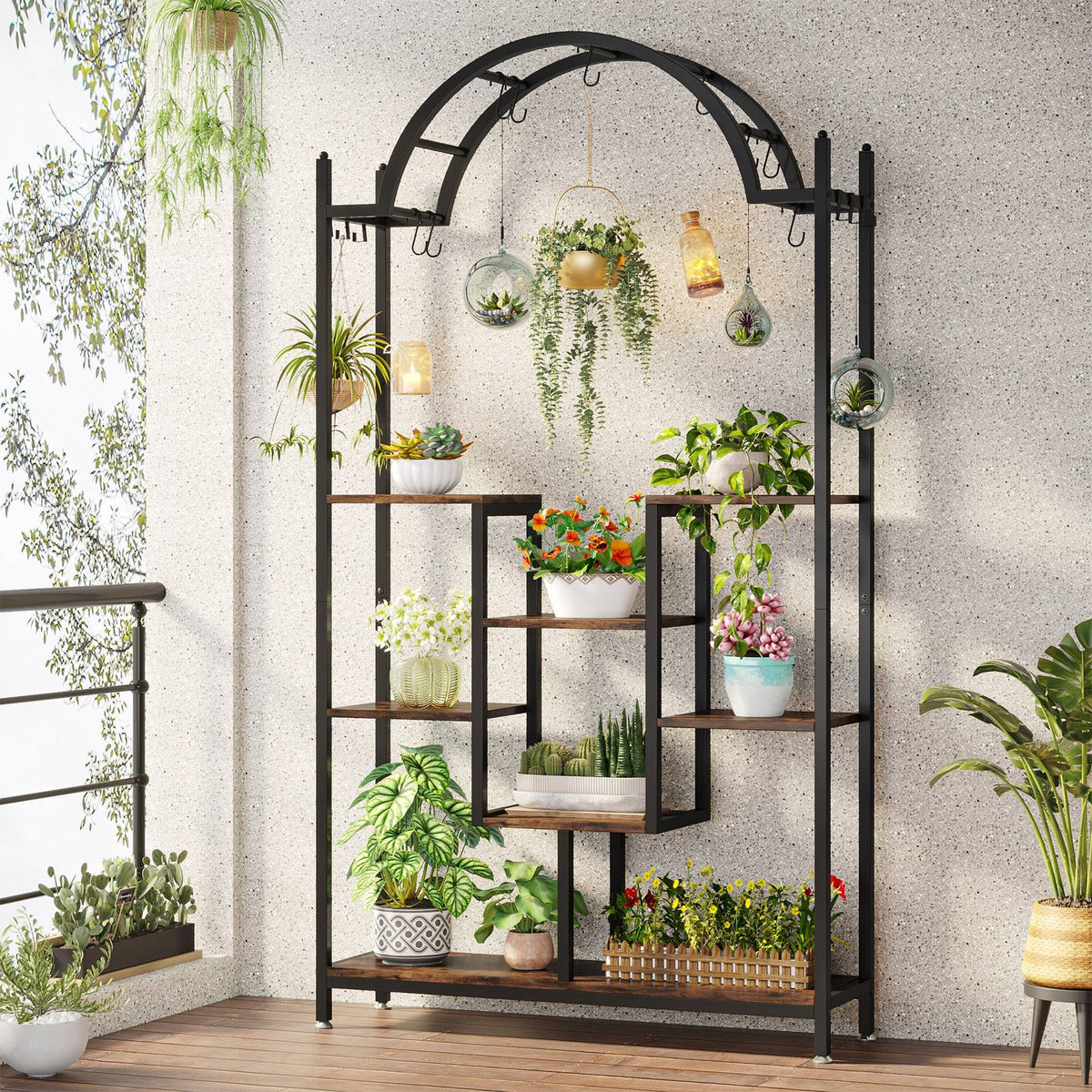 hanging metal plant stand Arched Plant Stand, 74.8" Flower Stands with Hanging Hooks