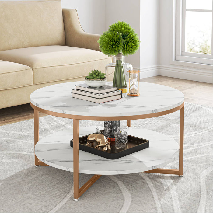 Coffee Table, 2-tier Round Tea Table with Faux Marble Tabletop Tribesigns