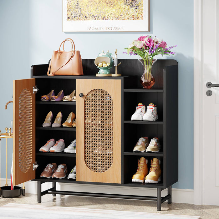 Tribesigns Rattan Shoe Storage Cabinet with Doors & Open Shelves