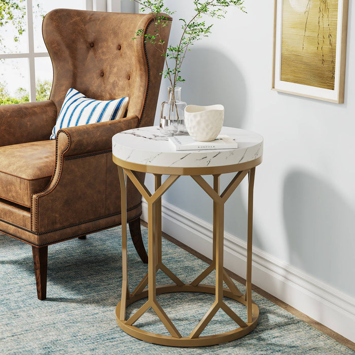 End Table, Round Faux Marble Side Table for Living Room Tribesigns