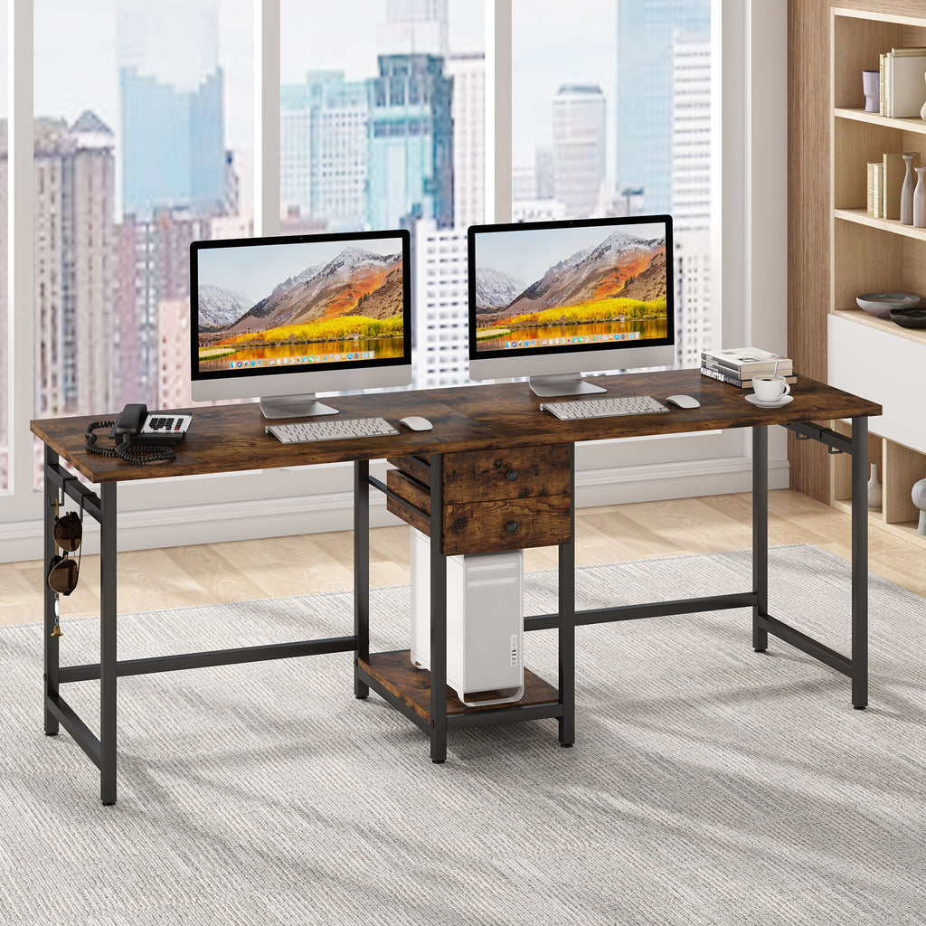 Tribesigns 2 Person Desk, 78 inch Double Desk with 2 Drawers, Large Computer Desk Long Desks with Storage Shelves, Brown