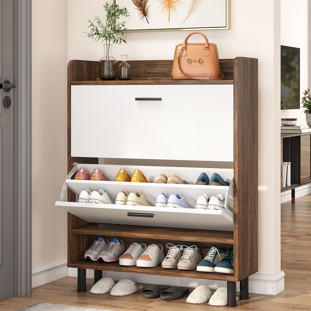 2-Tier Shoe Cabinet Shoe Organizer with Flip Doors & Open Shelves