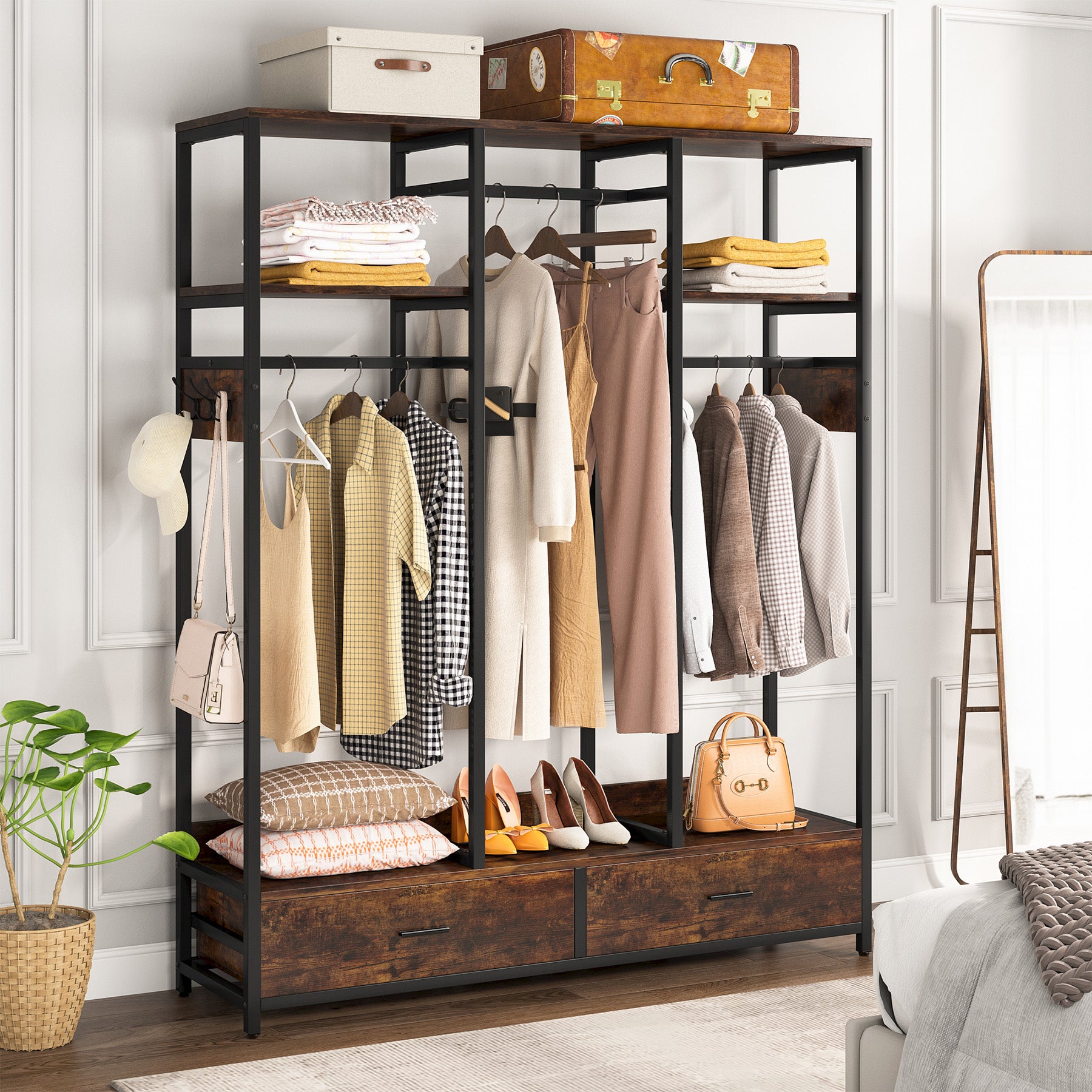 Freestanding Closet Organizer, Garment Rack with 2 Fabric DrawersRustic  Brown + Fabric Drawer