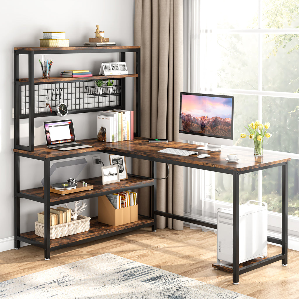 L-Shaped Desk with Hutch and Storage Shelves, 59 Inch Corner Computer Desk with Bookshelf and Monitor Stand - Vintage Brown - Tribesigns