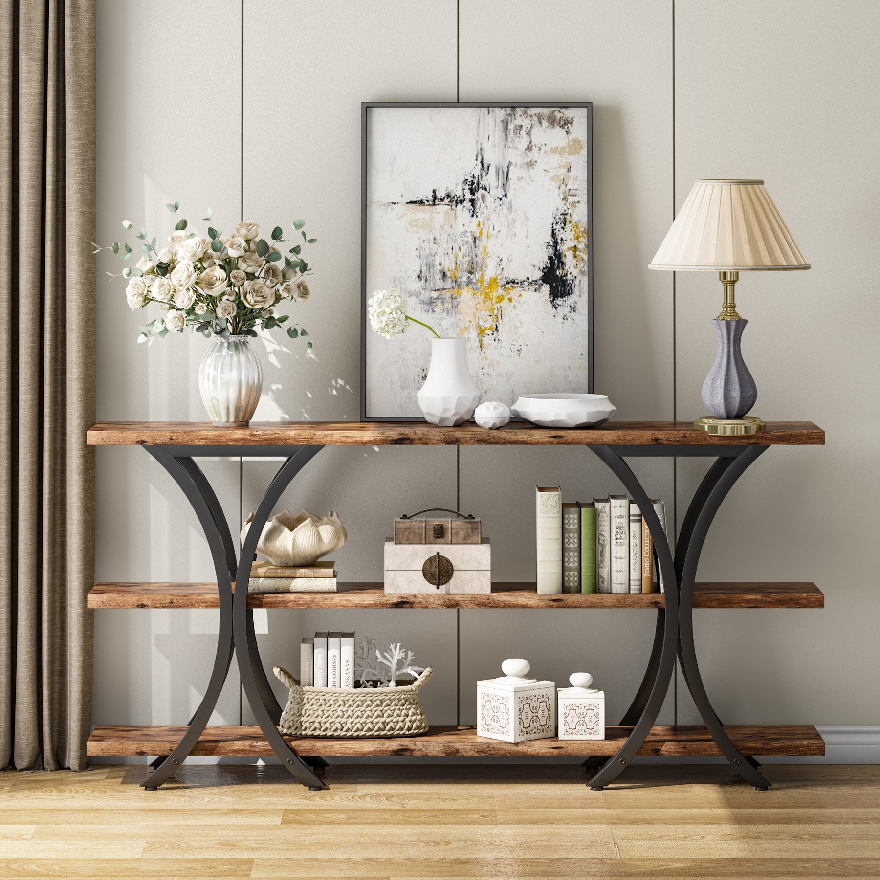 70.8 Console Table, Industrial Entryway Sofa Table with 3-Tier Shelves