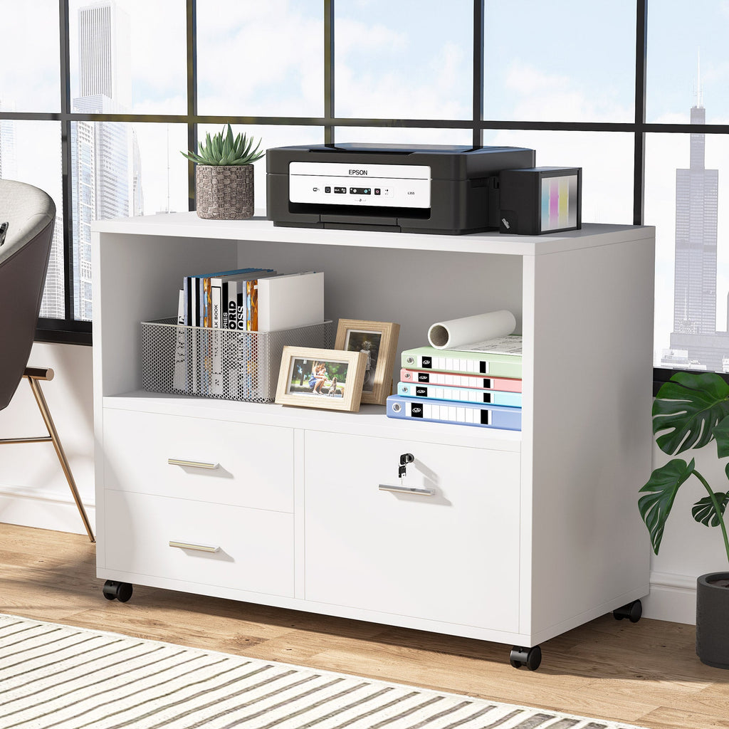 3-Drawer File Cabinet, Mobile Lateral Filing Cabinet with Lock & Open  ShelvesWhite