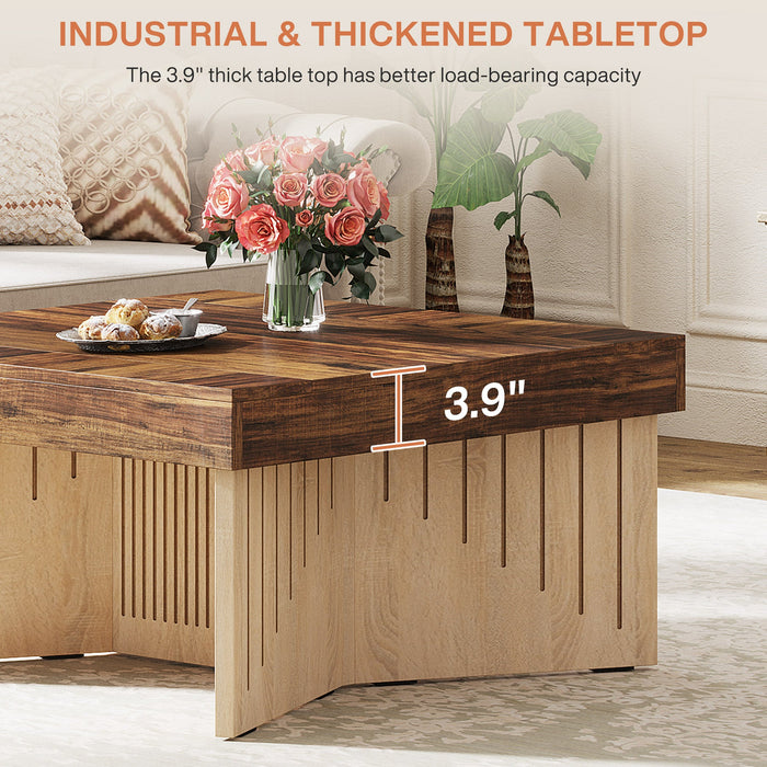 35.4" Coffee Table, Square Wood Center Table with Engraved Lines Design Tribesigns