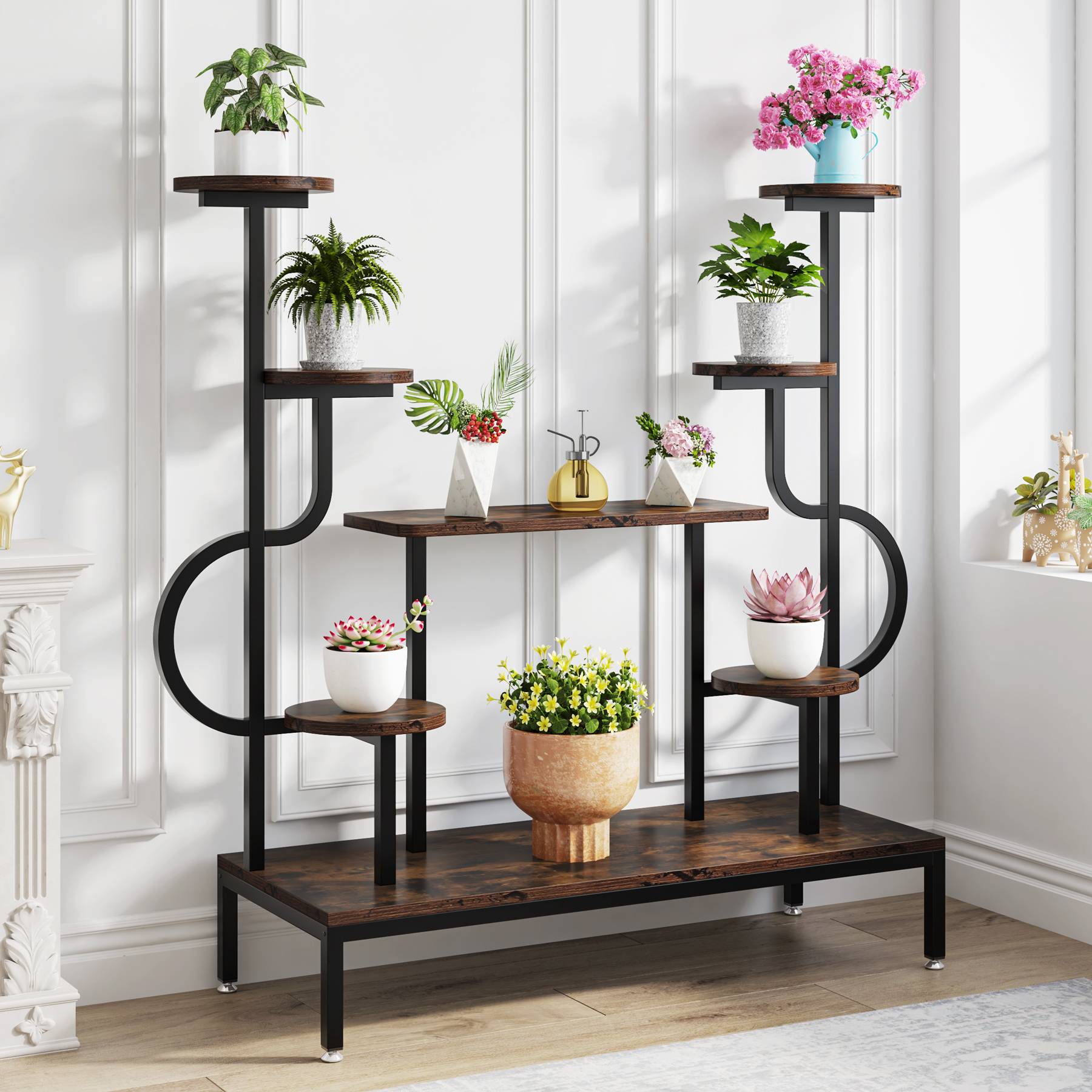 Wood & Black Metal Frame Plant Stand Indoor Tall Stand Heavy Duty Plant  Stands