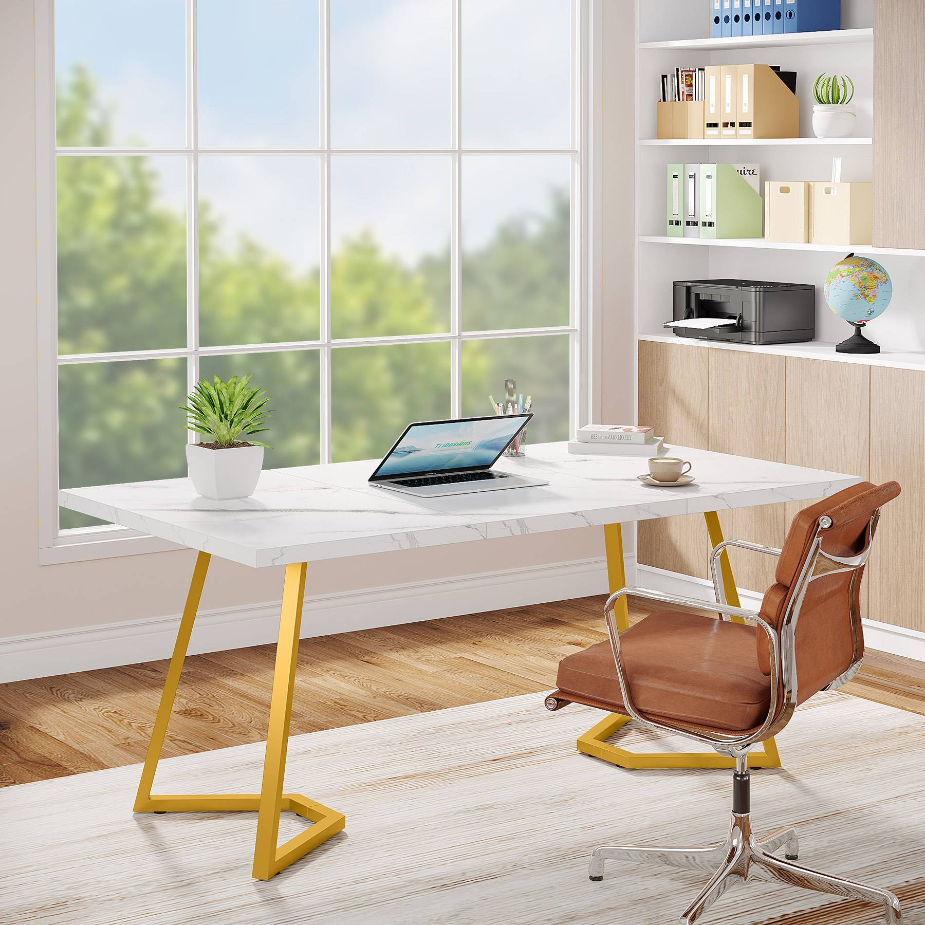 55" Computer Desk, Faux Marble Study Desk Office Table - Thumbnail 5