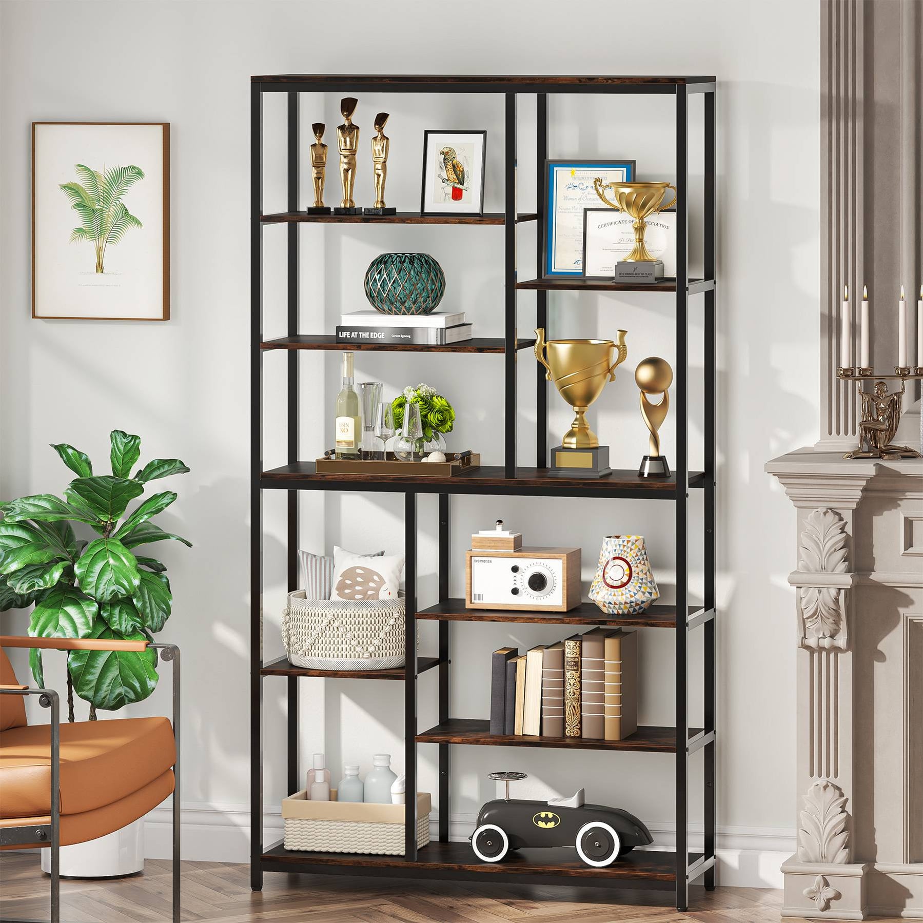 Tribesigns Industrial Bookshelf, 79'' Tall Staggered Etagere Bookcase