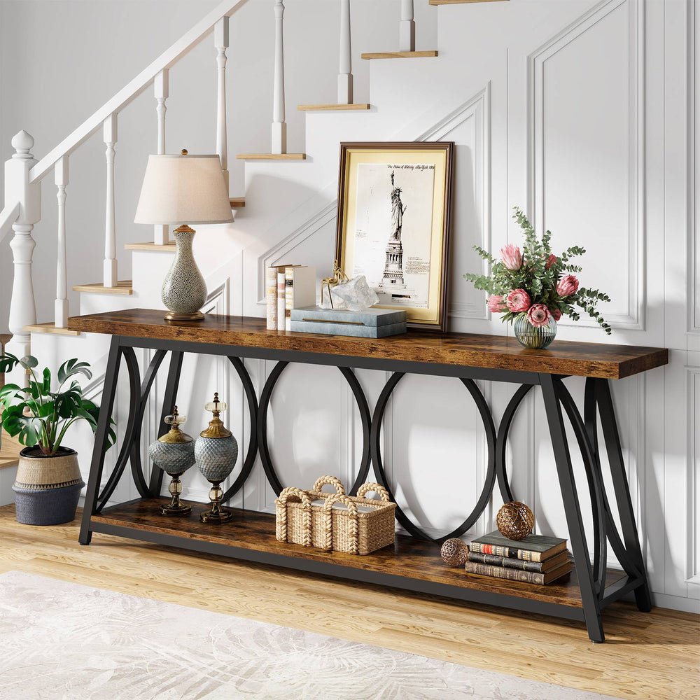 2-Tier 70.9" Industrial Sofa Table Behind Couch with Shelves-Tribesigns