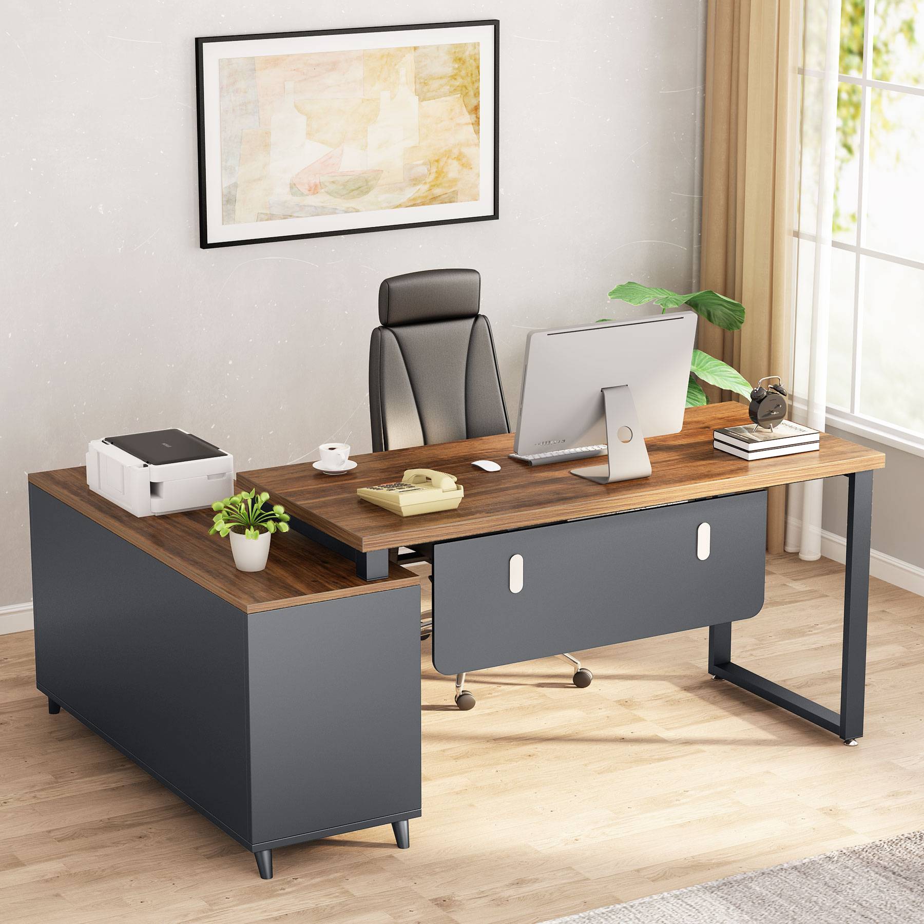 Modern Black L Shape Executive Desk Drawers Set & Cabinet Large Office Desk Left Hand