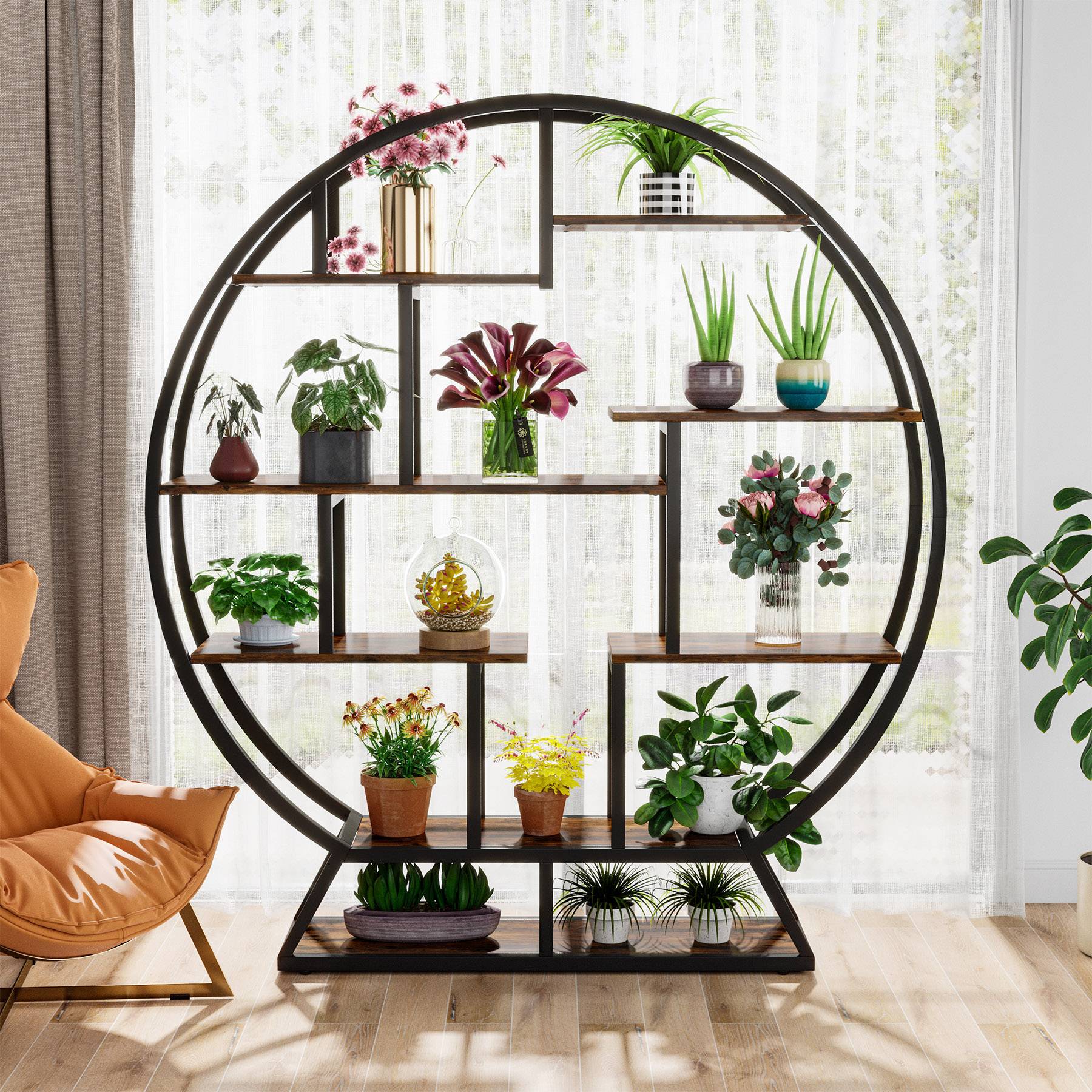 plant stand large pot Round Plant Stand, 63" Flower Pot Plant Rack with 8 Shelves, Brown