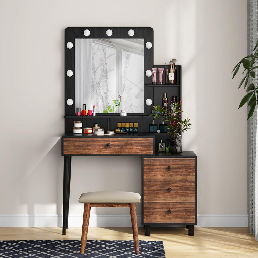 2 in 1 Makeup Vanity Desk with LED Lighted Mirror, Wood Wardrobe