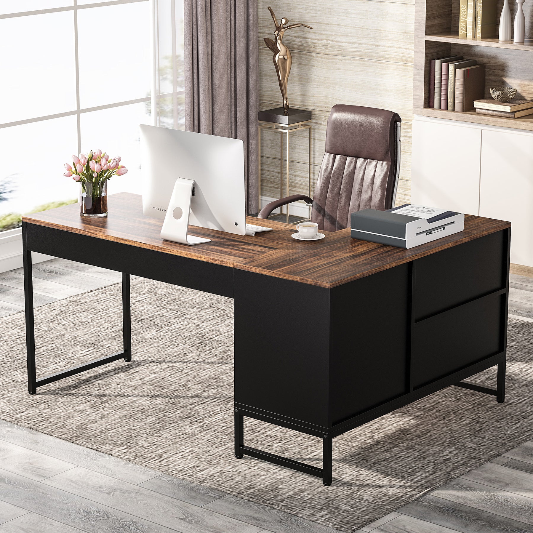 Tribesigns 59'' L-Shaped Computer Desk with Open File Cabinet