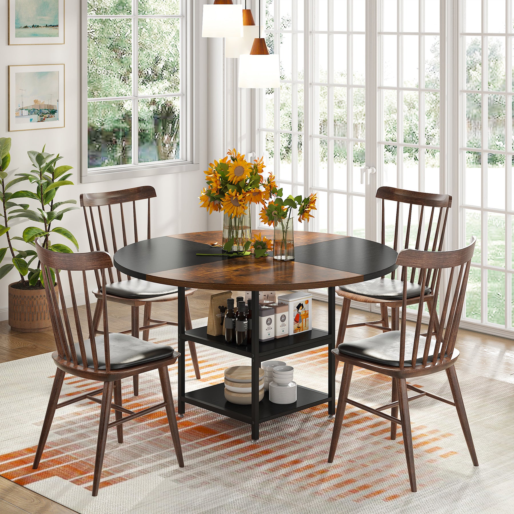 Tribesigns Dining Table, Round Kitchen Dinner Table with Storage Shelf